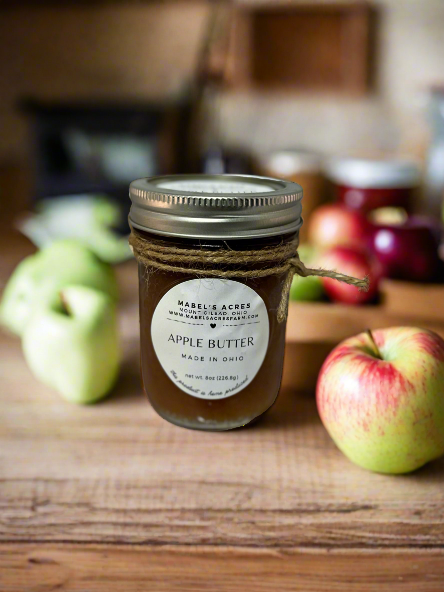 Jar of homemade Ohio apple butter from Mabel’s Acres, made with local apples and spices in small batches.