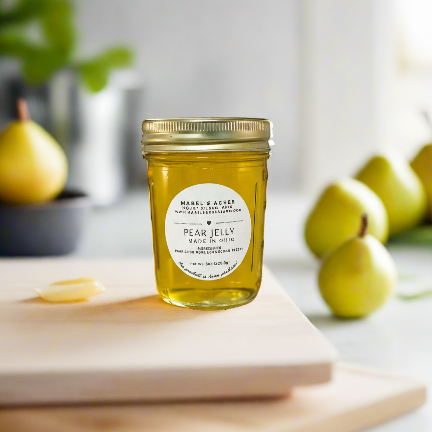 Jar of homemade Ohio pear jelly from Mabel’s Acres, made with locally harvested pears in small batches.