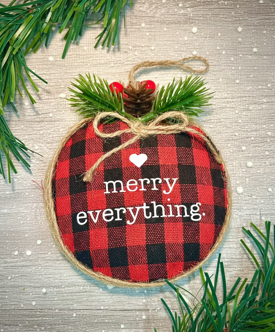 Christmas ornament with red and black plaid pattern and 'merry everything' text, tied with twine and a pine cone.