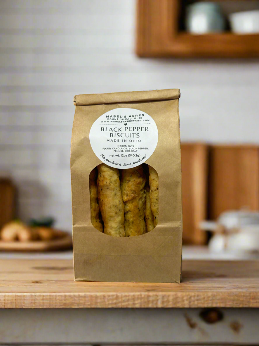 homemade Italian pepper biscuits from Mabel’s Acres, crunchy and savory with fresh black pepper.