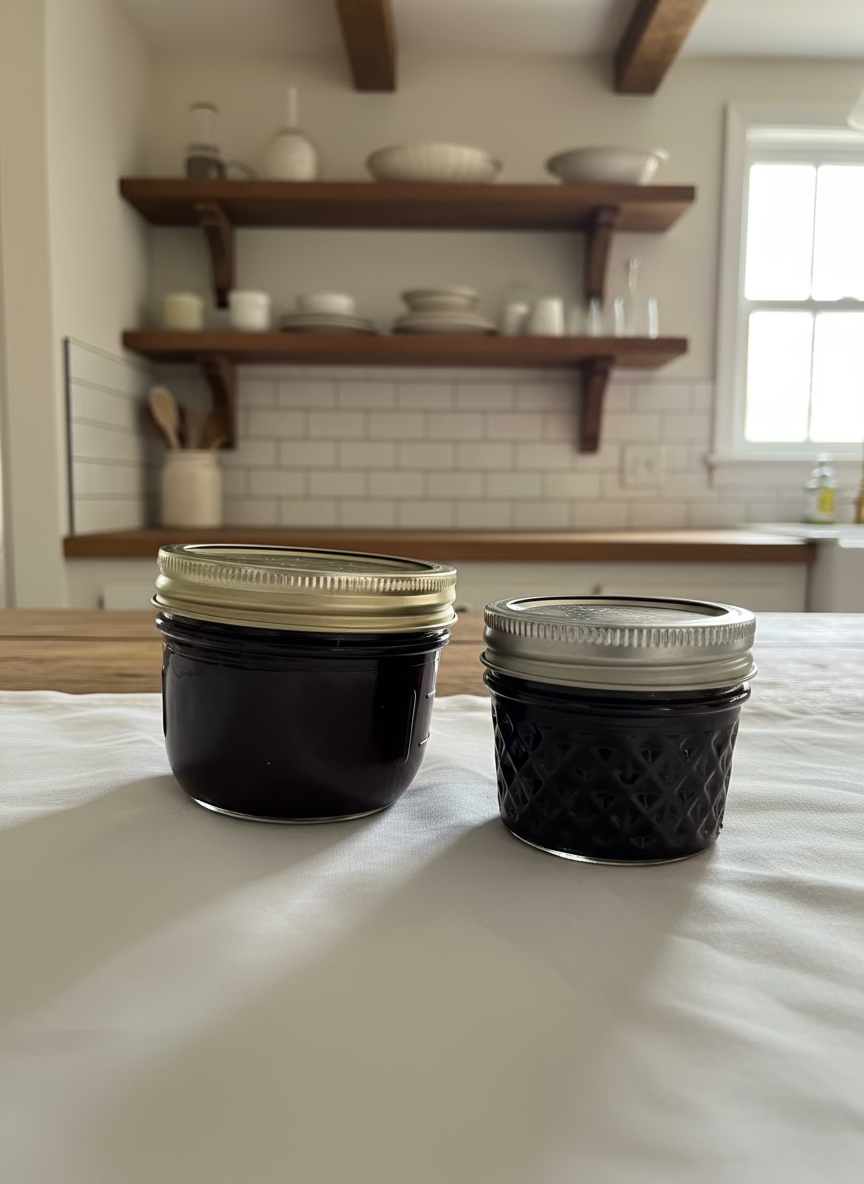 Two small glass jars with metal lids on a light-colored surface.