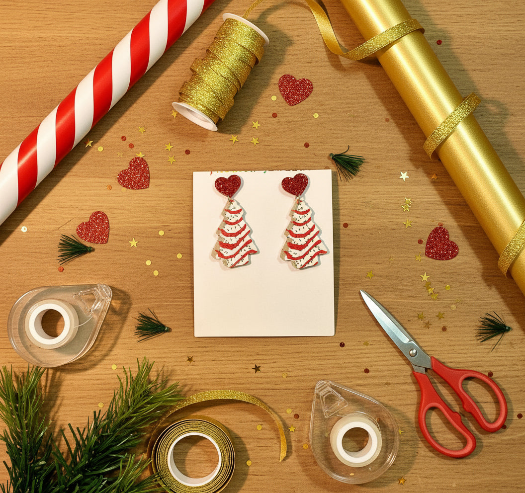 Christmas tree-shaped earrings on a card with greenery around