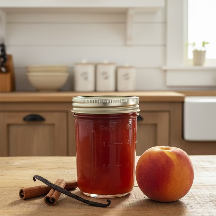 Jar of peach jelly with a metal lid on a white background