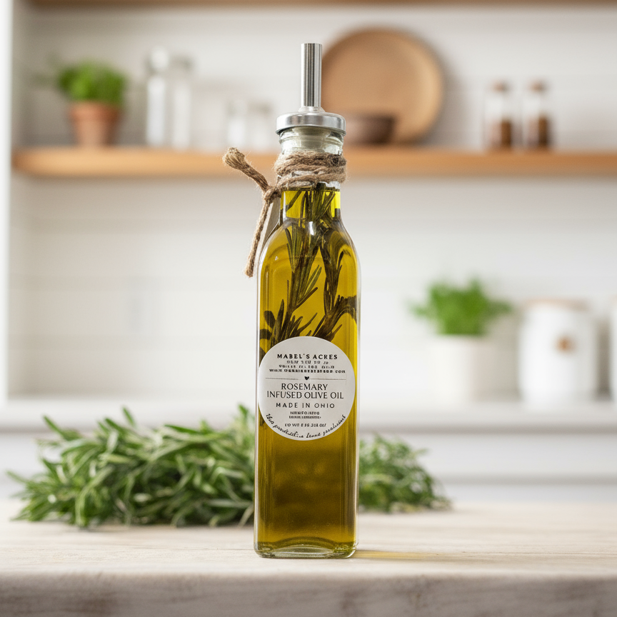 Bottle of small-batch rosemary infused olive oil from Mabel’s Acres, made with fresh rosemary and extra virgin olive oil.