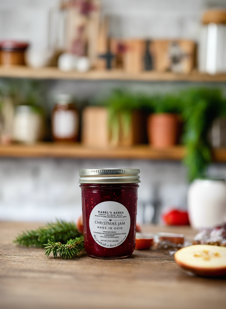 Jar of homemade Christmas Jam from Mabel’s Acres, made with fresh cranberries, strawberries, raspberries, and oranges in small batches.