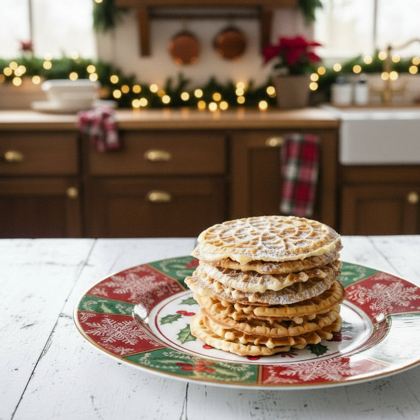 Stack of pizzelle cookies on a decorative plate in a festive kitchen.