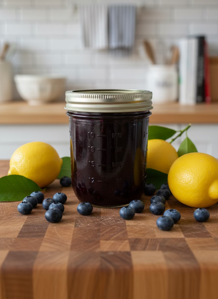 Blueberry Perserves jar with a silver lid 