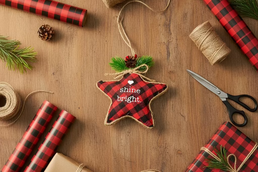 Christmas-themed decorations with star ornament, wrapped gifts, and wrapping paper on a wooden surface.