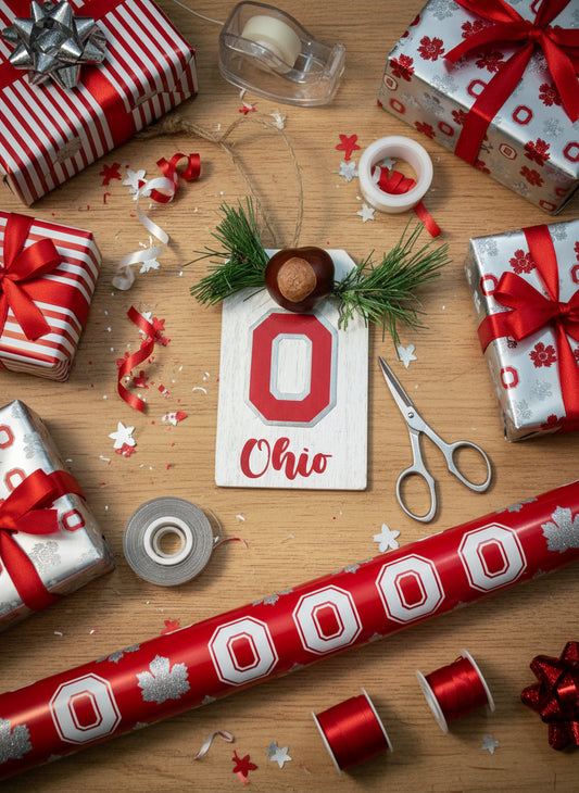 Decorative tag with 'Ohio' and a buckeye nut on a textured background
