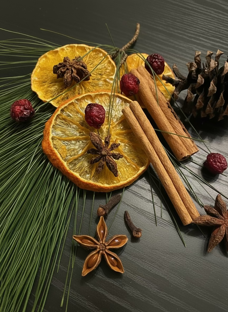 Dried oranges, cinnamon sticks, and star anise on a textured surface with pine needles.