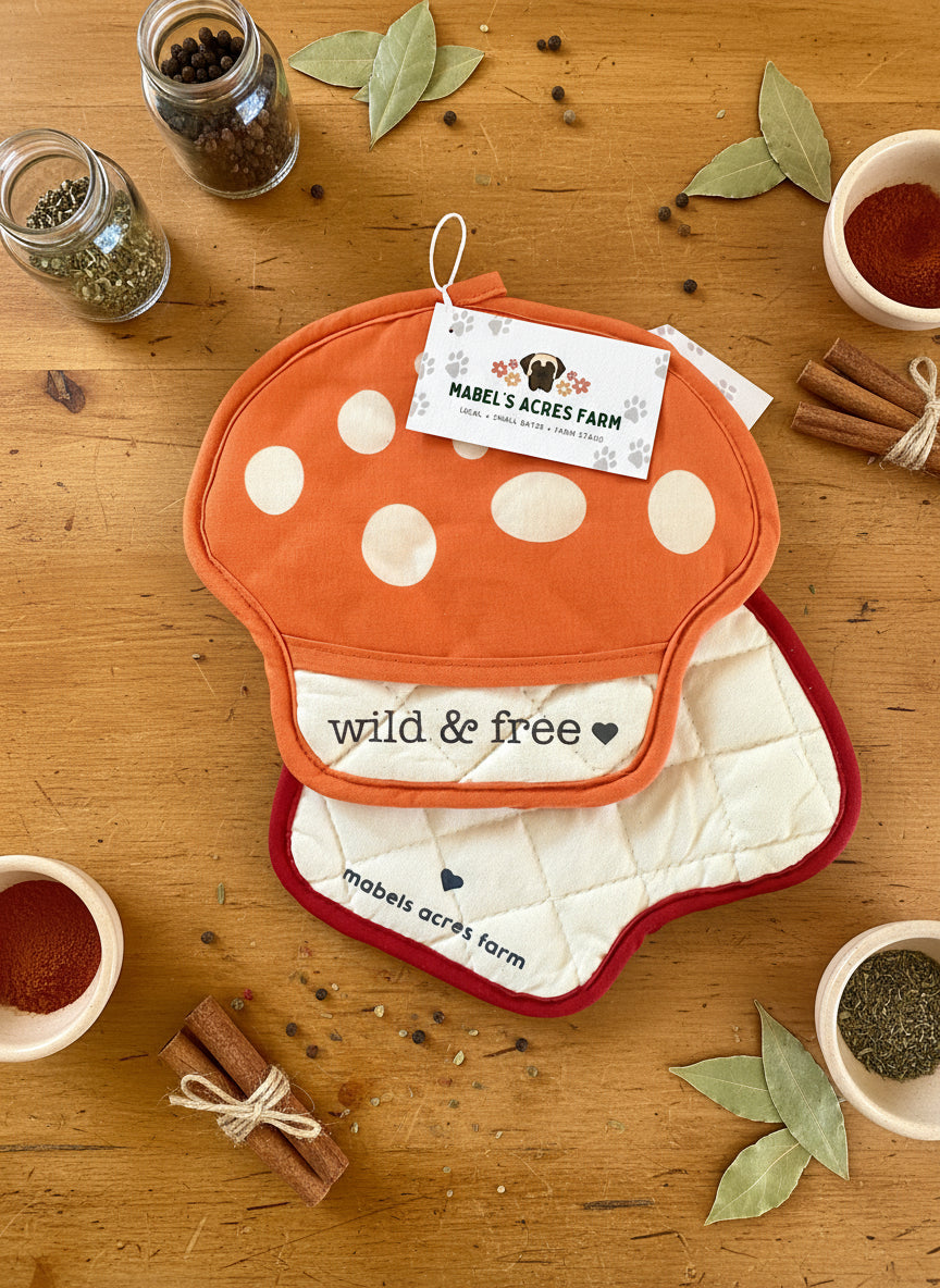 Two mushrooms with polka dot design and text 'wild & free' on a textured surface.