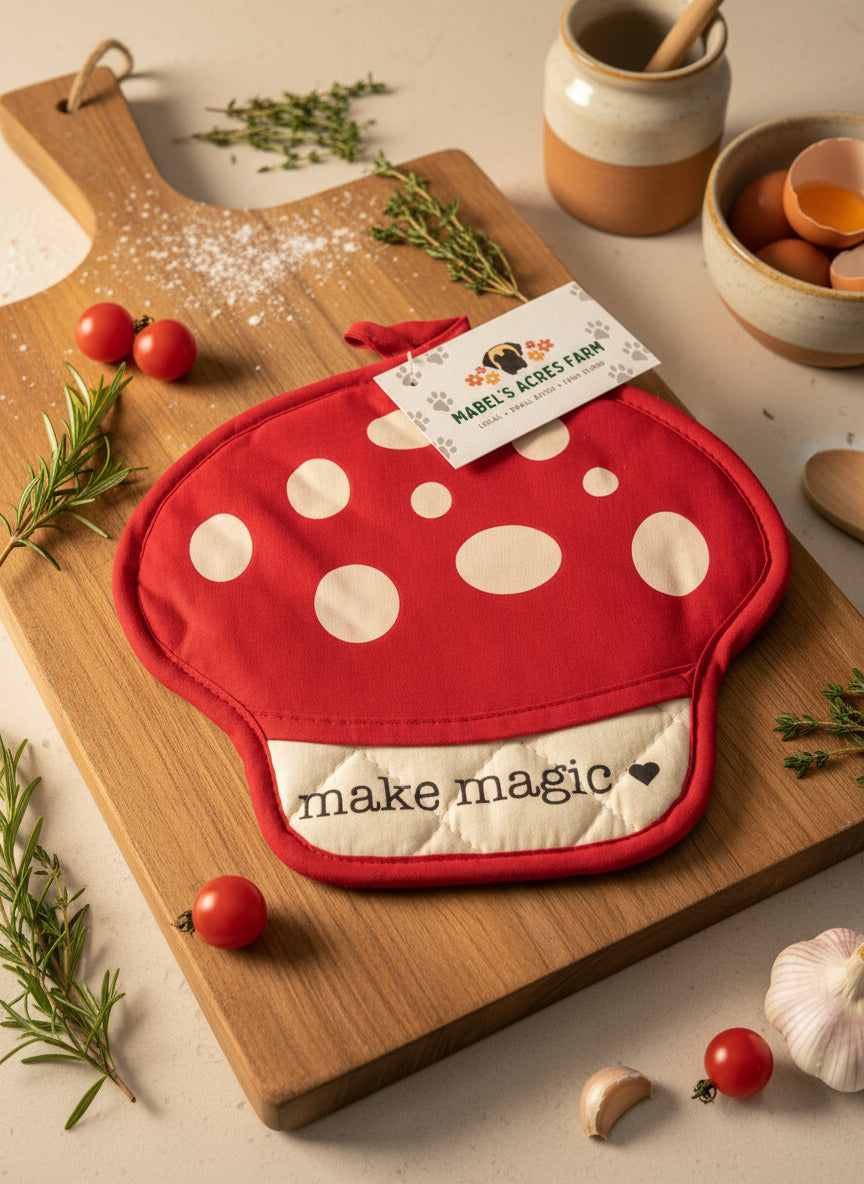 Red mushroom-shaped pot holder with white polka dots and 'make magic' text, branded 'Mabel's Acres Farm'.