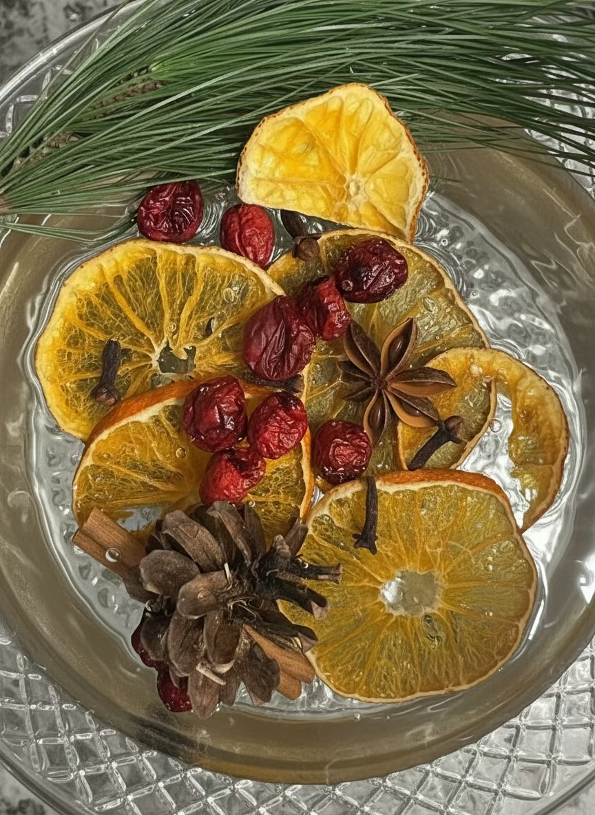 Dried orange slices, cranberries, and pine needles on a dark surface with greenery.