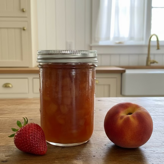Jar of fresh strawberry peach preserves in a country kitchen